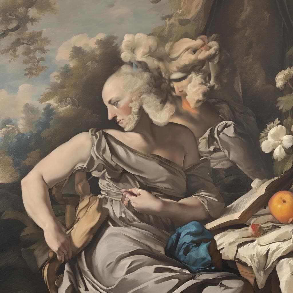 Λευκός γέροντας και νεαρός άνδρας σε διάλογο, εικαστικά σύμβολα και τέχνη δημιουργίας.