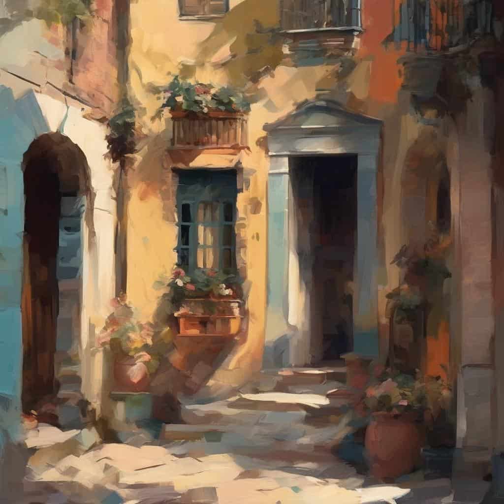 Λαική γειτονιά με παλιά κτίρια και ανθισμένα παράθυρα, ζωγραφική εικαστικών συμβόλων πόλης.