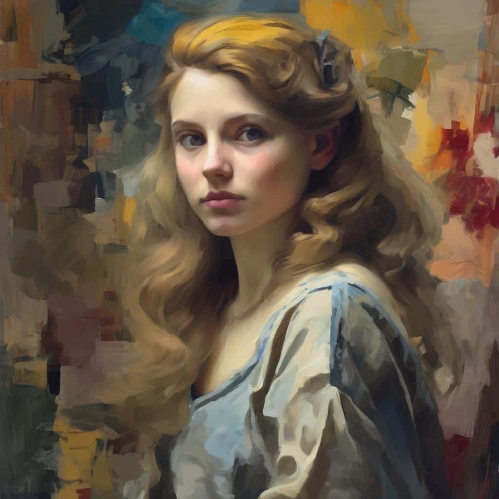 Όμορφη γυναίκα πορτρέτο με εικαστικά σύμβολα και δημιουργικότητα, ζωγραφική τέχνη και σύγχρονη τέχνη.